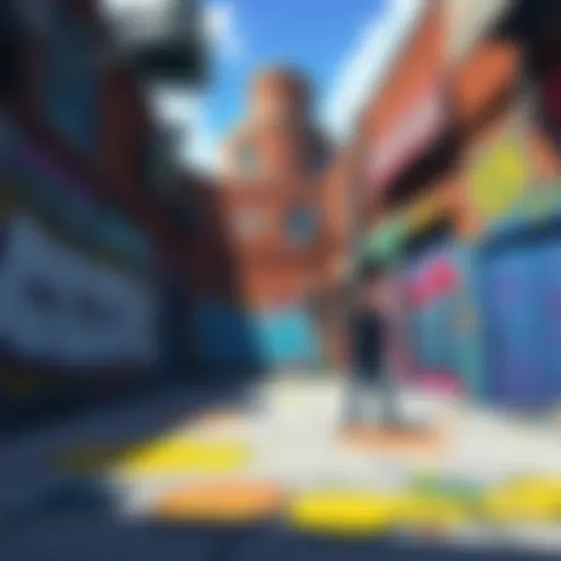 Concept art showcasing a vibrant open-world setting with graffiti-covered walls and a character holding a spray can.