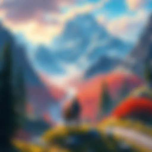 A colorful scene depicting characters exploring a vast open world with mountains, forests, and rivers in the background.