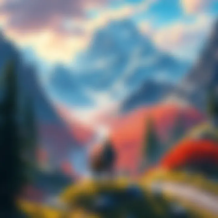 A colorful scene depicting characters exploring a vast open world with mountains, forests, and rivers in the background.