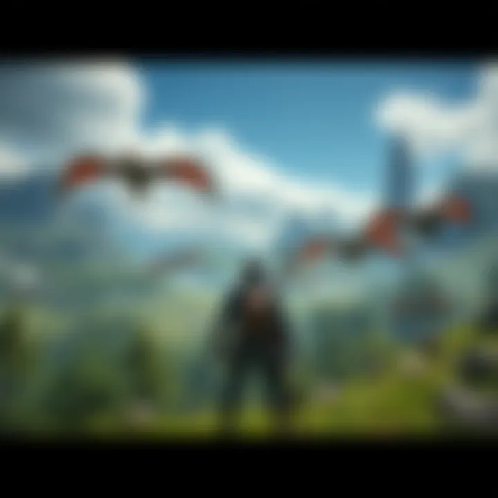 A player stands in a lush, open world filled with mythical creatures and expansive terrain, ready to explore.