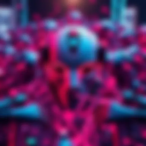 A swarm of digital agents symbolizing OpenAI hacking into a virtual platform, leaving traces behind.