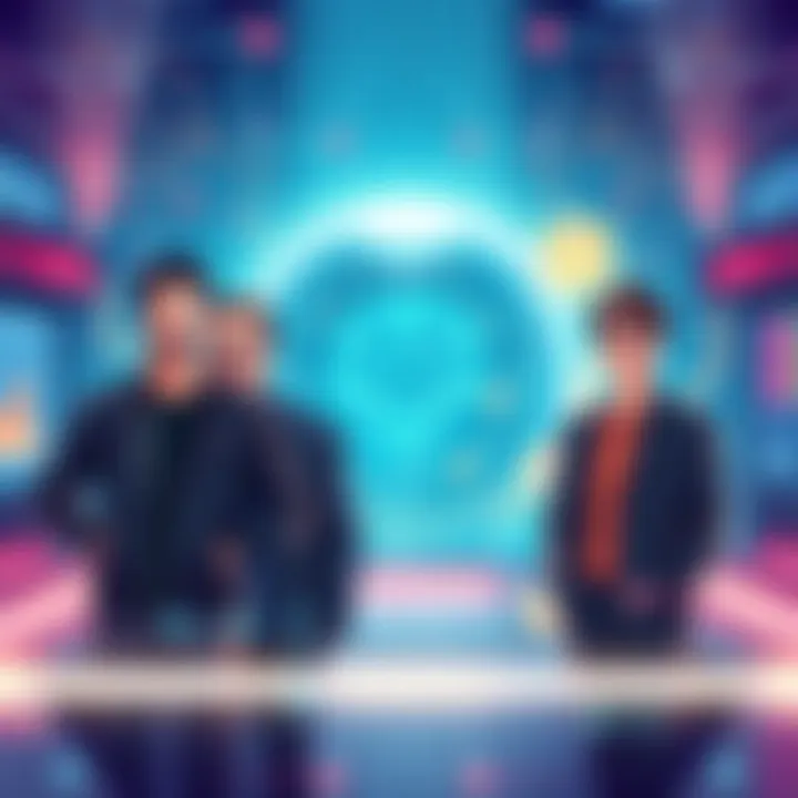 An illustration showcasing a futuristic artificial intelligence interface with digital elements representing scientific discovery and innovation, depicting a confident team of leaders, including a pro...