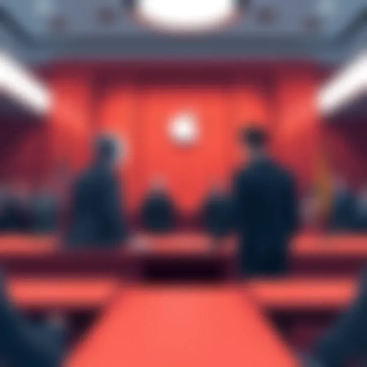 OpenAI and Apple Legal Clash Illustration of a courtroom with representatives from OpenAI and Apple facing each other in a legal dispute, highlighting the tension between the two tech giants over interview practices.