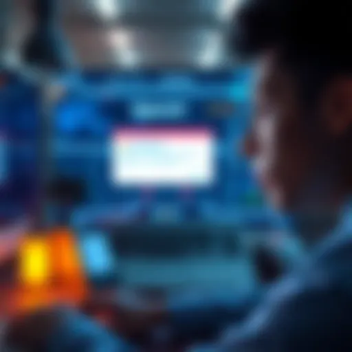 A person looking concerned while chatting online with a warning message about suspension visible on the screen.
