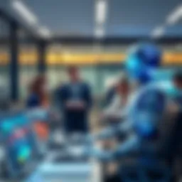 An AI data agent assisting employees in a modern office environment, showing collaboration and technology at work.