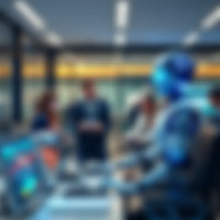 An AI data agent assisting employees in a modern office environment, showing collaboration and technology at work.