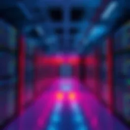 A modern data center with rows of servers indicating the technological infrastructure at OpenAI, reflecting recent leadership changes.