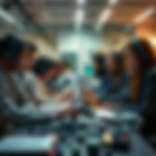 A group of diverse engineers collaborating on artificial intelligence projects in a modern office setting.