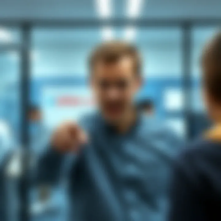 A frustrated OpenAI employee is pointing at a colleague while avoiding responsibility for a serious mistake in the workplace.