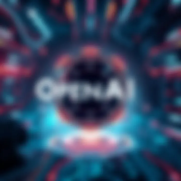 OpenAI logo displayed against a futuristic digital backdrop, symbolizing advancements in artificial intelligence with elements representing technology and innovation.