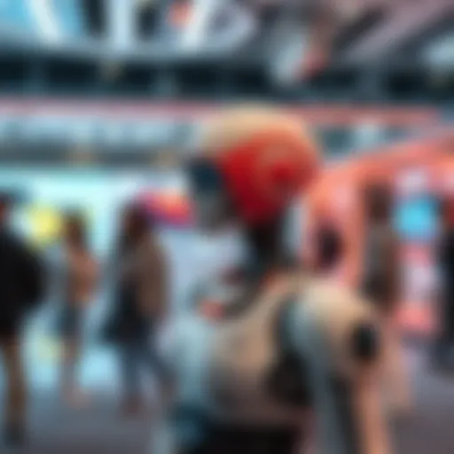 A humanoid robot designed by OpenAI standing in the foreground, with people observing it in a tech exhibition setting.