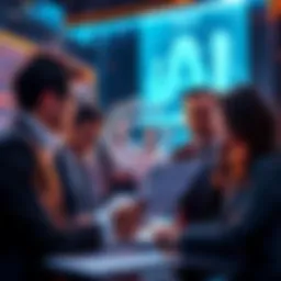 A group of investors reviewing financial documents with a logo of OpenAI visible, symbolizing the investment interest in technology firms.