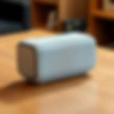 A futuristic portable speaker designed by OpenAI, featuring a sleek and compact design, without a screen, shown on a wooden table with a slight motion effect suggesting autonomous movement.