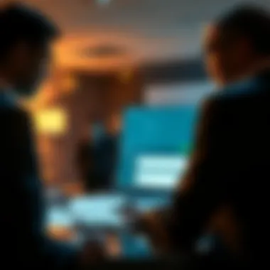 A concerned OpenAI representative is seen discussing a serious matter with an FBI agent, surrounded by financial documents and a laptop with ChatGPT on the screen.