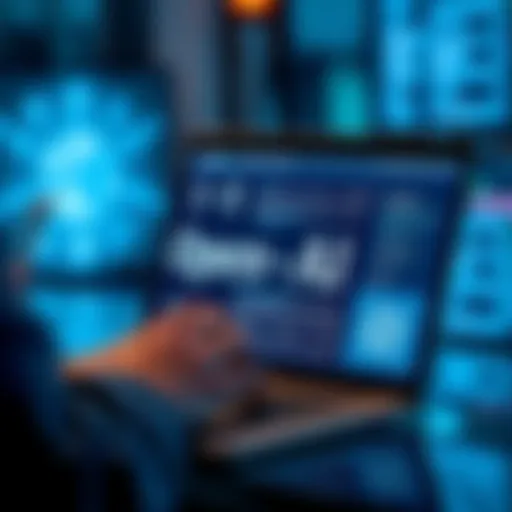 A person reading a news article about OpenAI on a laptop, with mathematical equations visible on the screen, representing the controversy over research ownership.