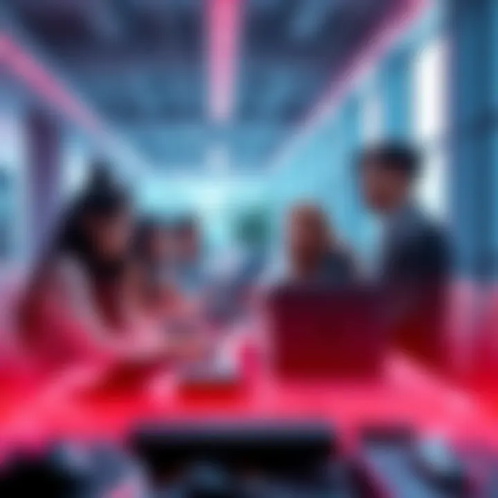 A diverse team of OpenAI employees collaborating on digital content creation using innovative technology in a bright, modern office space.