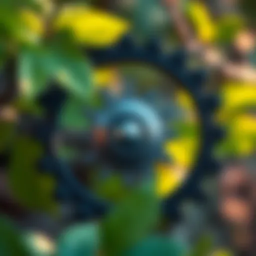 A graphic showing a slow-moving gear symbolizing the reduced AI training speed by OpenAI, with green leaves in the background to represent sustainability.