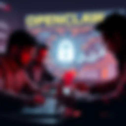 A group of cybersecurity experts analyzing the OpenClaw AI project on laptops, with a digital security chart in the background.