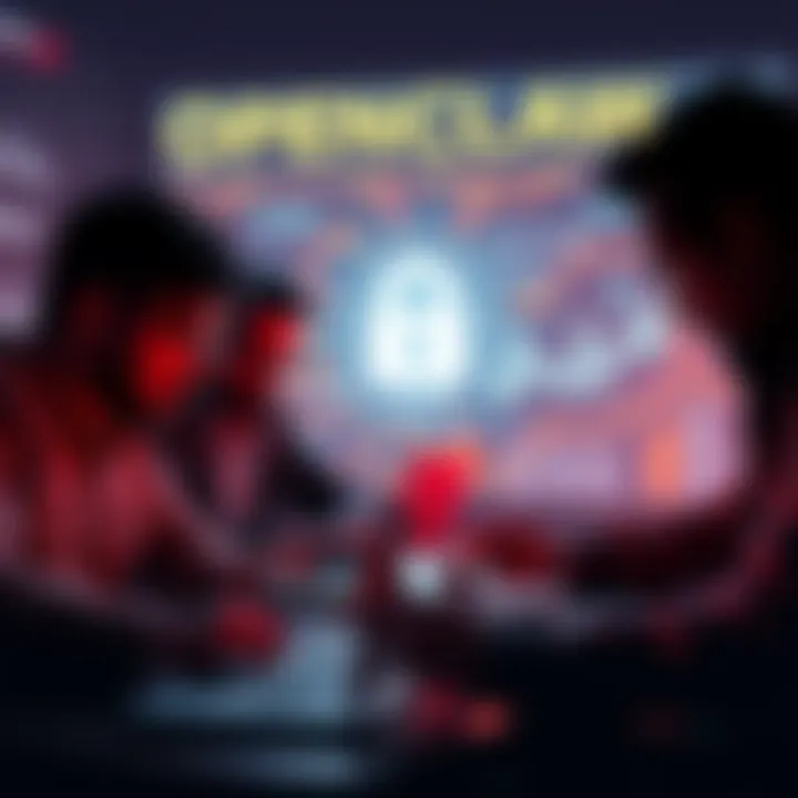 A group of cybersecurity experts analyzing the OpenClaw AI project on laptops, with a digital security chart in the background.