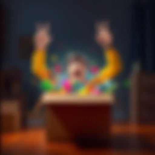 A person excitedly opening a box filled with colorful surprises and items inside.