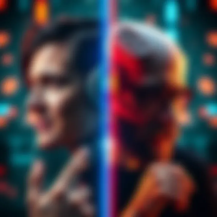 A split image showing a person supporting AI on one side and another person opposing AI on the other, both expressing strong emotions.