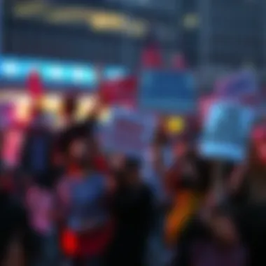 A diverse group of Americans holding signs against data center construction, expressing their political stance peacefully in a public space.