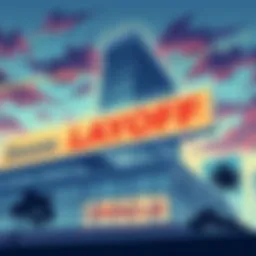 A news article illustration depicting an office building with a 'Layoff' sign, symbolizing Oracle's $1.8 billion investment in cost-cutting measures.