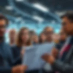 A group of concerned employees looking at news about job cuts at Oracle, showing worried expressions and holding papers.