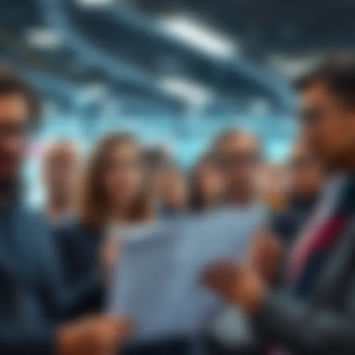 A group of concerned employees looking at news about job cuts at Oracle, showing worried expressions and holding papers.