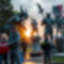 Volunteers working together to restore the iconic orc-slayer statues in a local park, showcasing community spirit and dedication to heritage.