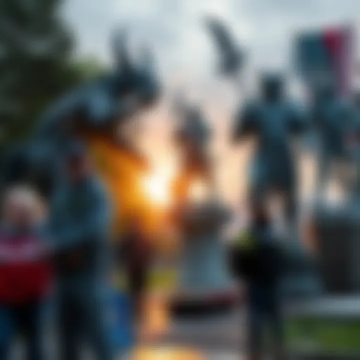 Volunteers working together to restore the iconic orc-slayer statues in a local park, showcasing community spirit and dedication to heritage.