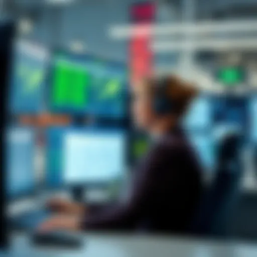 A busy customer service representative manages order status inquiries on multiple screens displaying automation tools and databases.