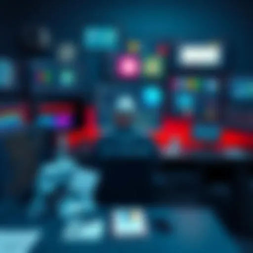 A person sitting at a desk with multiple screens displaying various AI tools and workflows, managing their tasks with notes and charts around them.