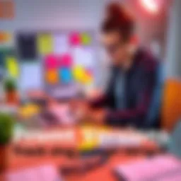 A person sits at a desk with a laptop, writing prompts on sticky notes, surrounded by tools like Notion and digital planners, showcasing an organized workspace.