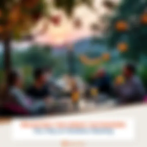 Group of people enjoying food and drinks at outdoor seating surrounded by nature