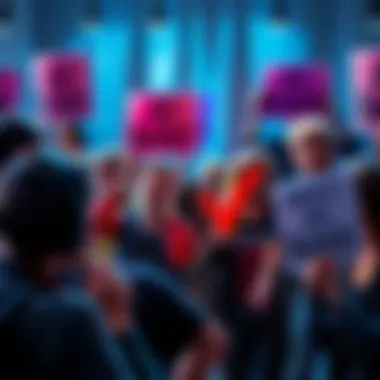 Outrage Over AI Bans People discussing AI bans on forums, expressing frustration and anger, with some holding signs against censorship