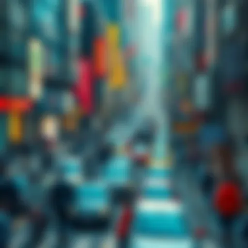 A busy city street filled with people and cars, showcasing high density and urban life.