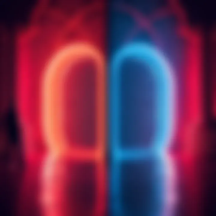 Two glowing portals overlapping, causing confusion as people are turned back around upon entering