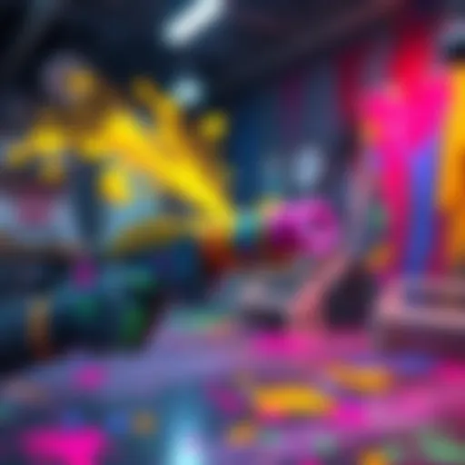 A colorful paint minigun spraying vibrant paint in a co-op game setting, with players collaborating to enhance their environment.
