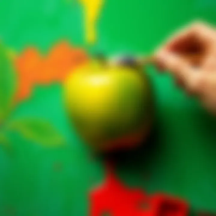 An artist's hand painting a realistic green apple on a canvas with vibrant colors.