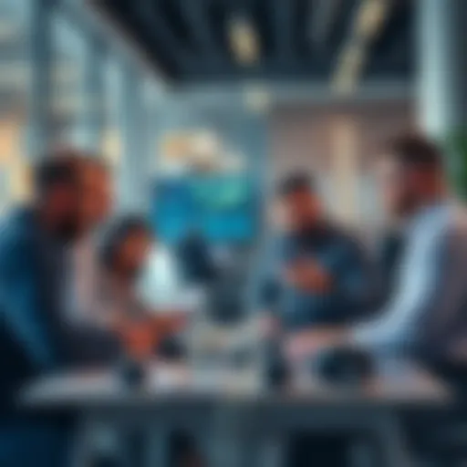 A group of tech professionals discussing ideas in a modern office setting, representing the influence of the Palantir Mafia on startups.