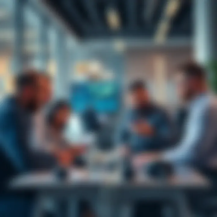 A group of tech professionals discussing ideas in a modern office setting, representing the influence of the Palantir Mafia on startups.