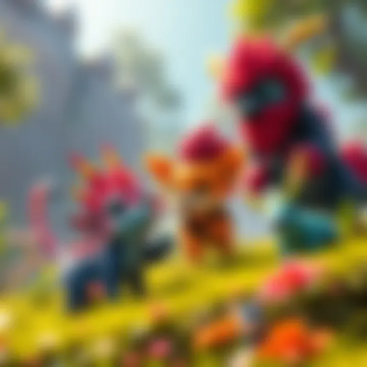 Colorful creatures interacting in a vibrant setting with players exploring together in Palworld.
