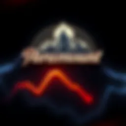 Paramount logo with a downward trend graph symbolizing credit downgrade due to Warner Bros. merger