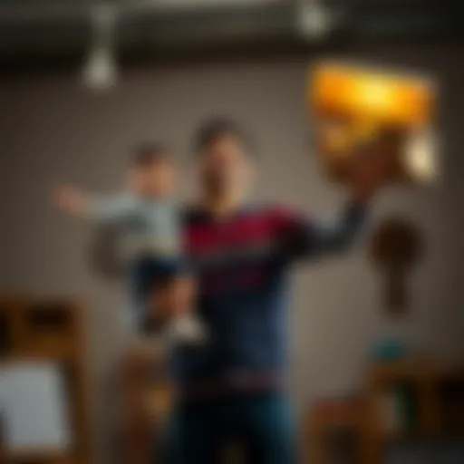 A parent holds a child in one arm while balancing art supplies and a model on the other arm, symbolizing the challenge of managing family and creative projects.