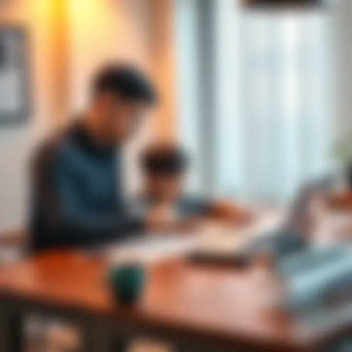 A parent and their son collaborating on a math game design at a table with papers and a laptop.