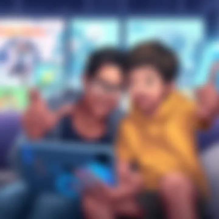 A parent and their son interact with the Sora 2 platform, immersed in anime content, showcasing excitement and engagement.