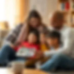 A family sitting together, smiling while looking at a tablet showing AI-generated school photos of their children.