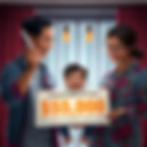 Happy parents holding a baby with a sign showing financial support for new children