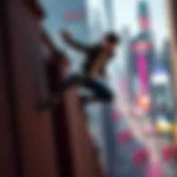 A character executing parkour moves like wall running and jumping in a vibrant city setting within Unreal Engine